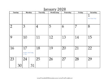 January 2028 Calendar Calendar