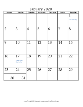 January 2028 Calendar (vertical) Calendar