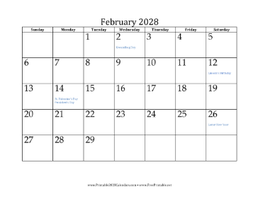 February 2028 Calendar Calendar
