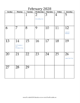 February 2028 Calendar (vertical) Calendar