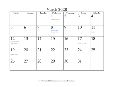 March 2028 Calendar Calendar