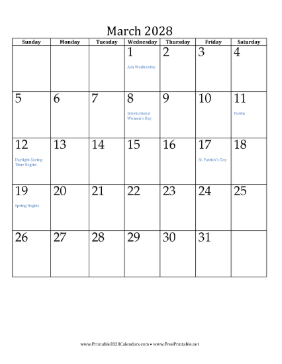 March 2028 Calendar (vertical) Calendar