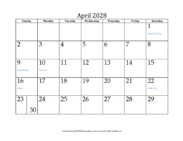 April 2028 Calendar Calendar