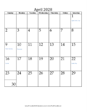 April 2028 Calendar (vertical) Calendar