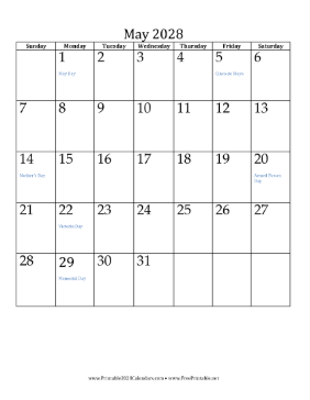 May 2028 Calendar (vertical) Calendar