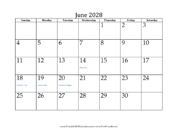 June 2028 Calendar Calendar