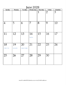 June 2028 Calendar (vertical) Calendar