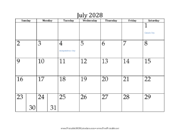July 2028 Calendar Calendar