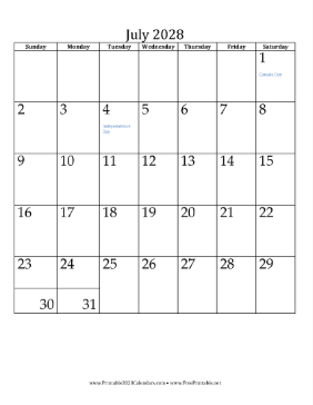 July 2028 Calendar (vertical) Calendar