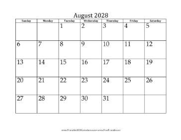 August 2028 Calendar Calendar