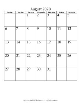 August 2028 Calendar (vertical) Calendar
