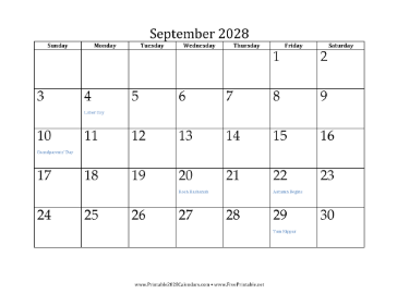 September 2028 Calendar Calendar