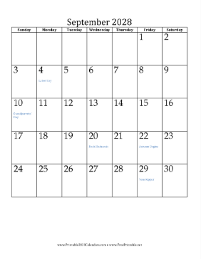 September 2028 Calendar (vertical) Calendar