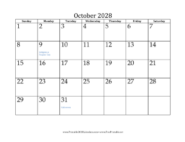 October 2028 Calendar Calendar