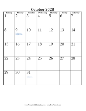 October 2028 Calendar (vertical) Calendar