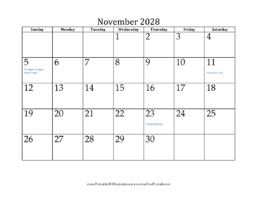 November 2028 Calendar Calendar