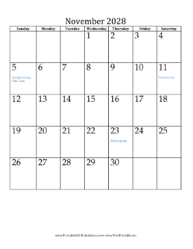 November 2028 Calendar (vertical) Calendar