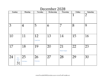 December 2028 Calendar Calendar