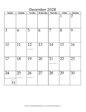December 2028 Calendar (vertical) Calendar
