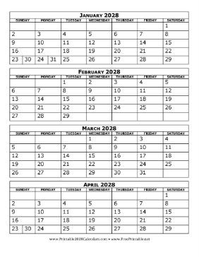 2028 Calendar Four Months Per Page Calendar