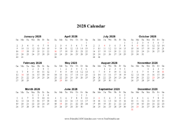 2028 Calendar One Page Horizontal Descending Holidays In Red Calendar