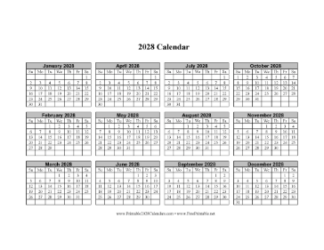 2028 Calendar One Page Horizontal Grid Descending Calendar