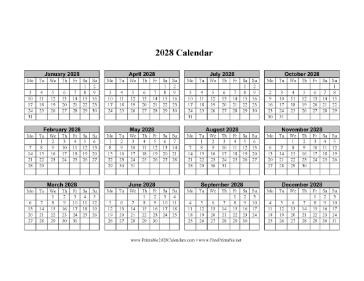 2028 Calendar One Page Horizontal Grid Descending Monday Start Calendar