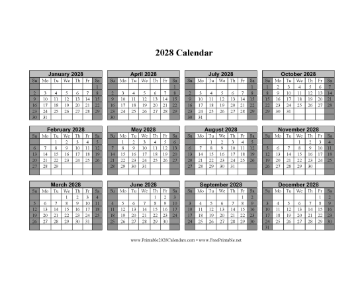 2028 Calendar One Page Horizontal Grid Descending Shaded Weekends Calendar