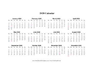2028 Calendar One Page Horizontal Holidays In Red Calendar