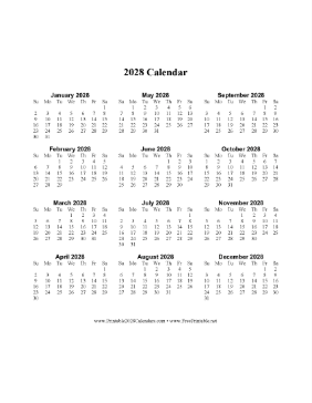 2028 Calendar One Page Vertical Descending Calendar