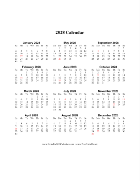 2028 Calendar One Page Vertical Descending Holidays in Red Calendar