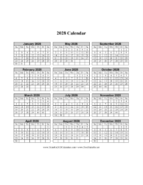 2028 Calendar One Page Vertical Grid Descending Calendar
