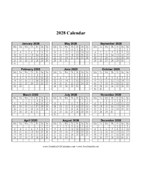 2028 Calendar One Page Vertical Grid Descending Monday Start Calendar