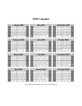 2028 Calendar One Page Vertical Grid Descending Shaded Weekends Calendar