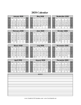 2028 Calendar One Page Vertical Grid Descending Shaded Weekends Notes Calendar