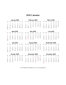 2028 Calendar One Page Vertical Holidays in Red Calendar