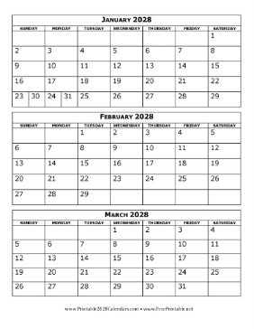 2028 Calendar Three Months Per Page Calendar