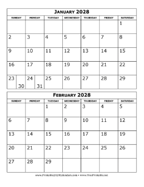 2028 Calendar Two Months Per Page Calendar
