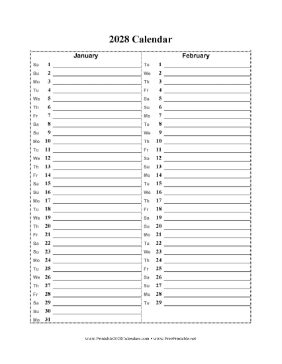 2028 Calendar Vertical List Calendar