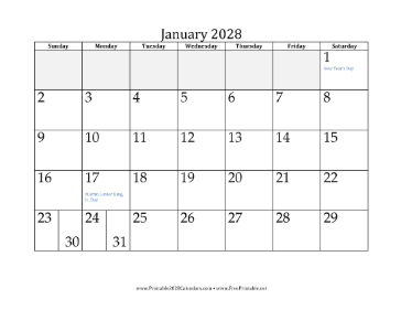 2028 Grayed Out Calendar