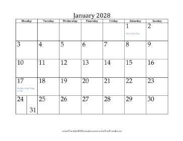 2028 Calendar with Monday Start Calendar