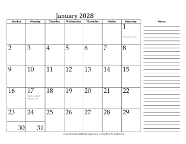 2028 Monthly Calendar with Notes Landscape Calendar