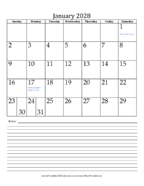 2028 Monthly Calendar with Notes Portrait Calendar