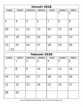 2028 Calendar Two Months per Page Monday Start Calendar